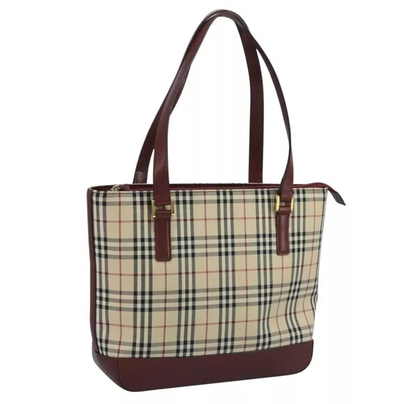 BURBERRY Nova Check Tote Bag Canvas Leather Beige Red gold Auth - Picture 1 of 16